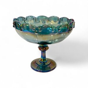 Indiana Glass Blue Iridescent Carnival Pedestal‎ Compote Dish Garland Vintage